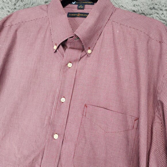 Tommy Hilfiger Shirt Mens 17 Red Check The Lifetime Collar 100% Cotton Button - Picture 4 of 9